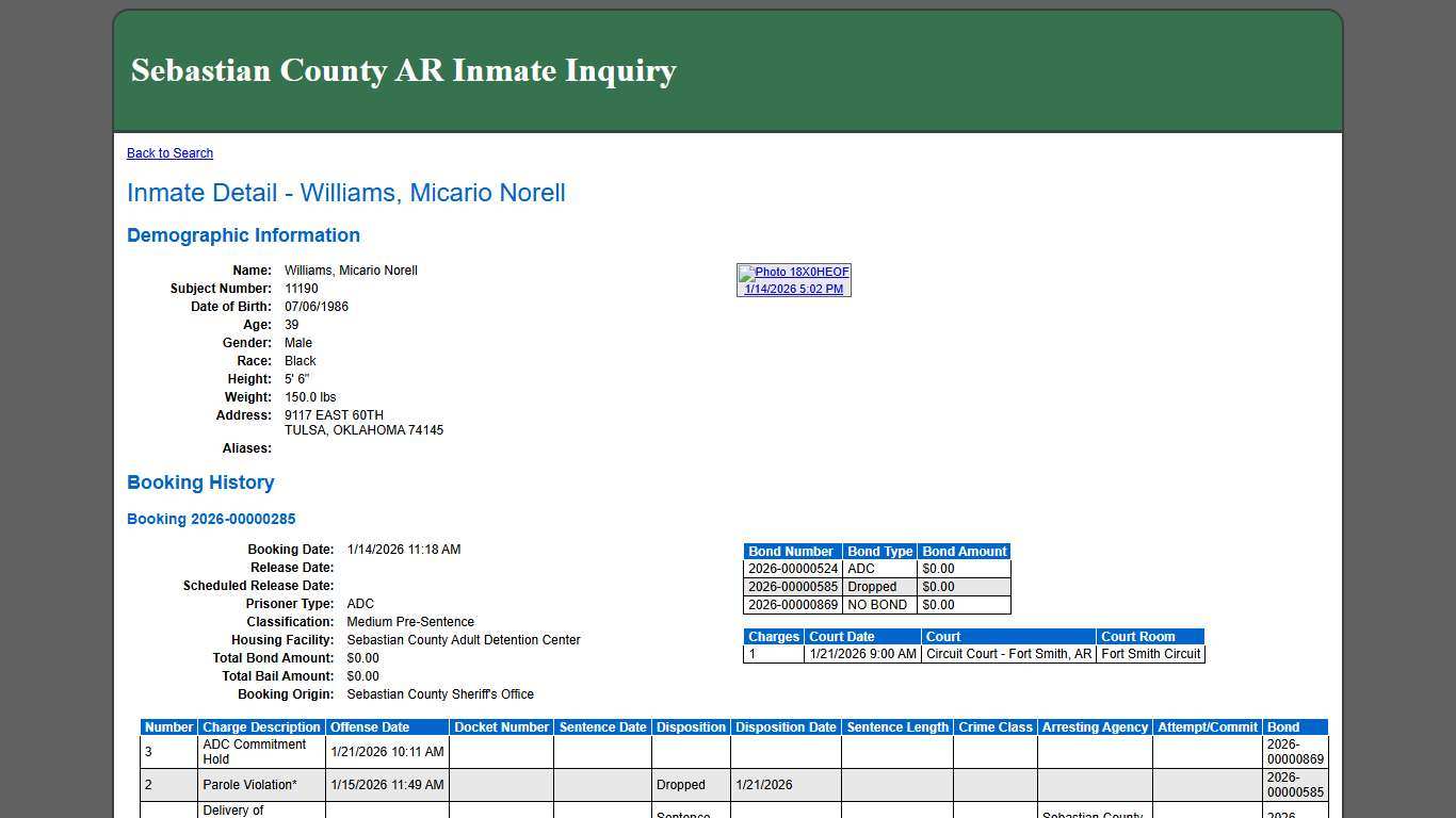 Inmate Detail - Williams, Micario Norell