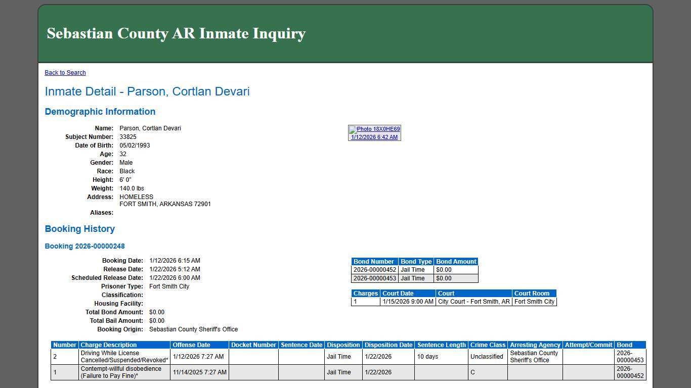 Inmate Detail - Parson, Cortlan Devari