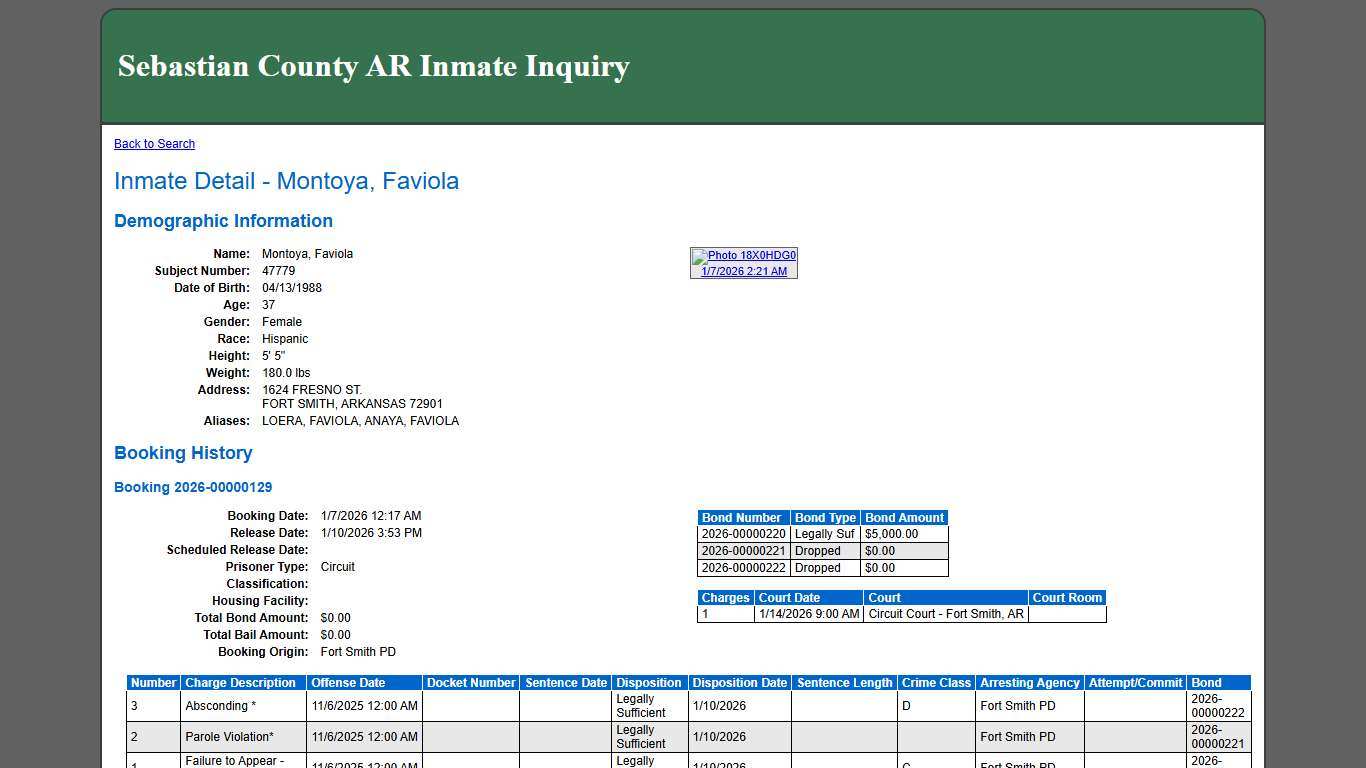Inmate Detail - Montoya, Faviola